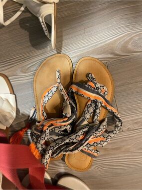 Woven Strappy Tan Sandals with Orange Accents